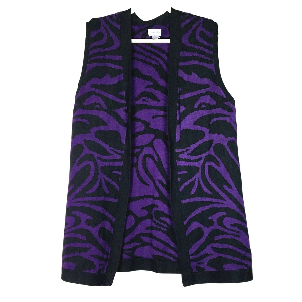 Chico's Abstract Animal Print Silk Blend Open Front Vest Size 3 Purple Black
